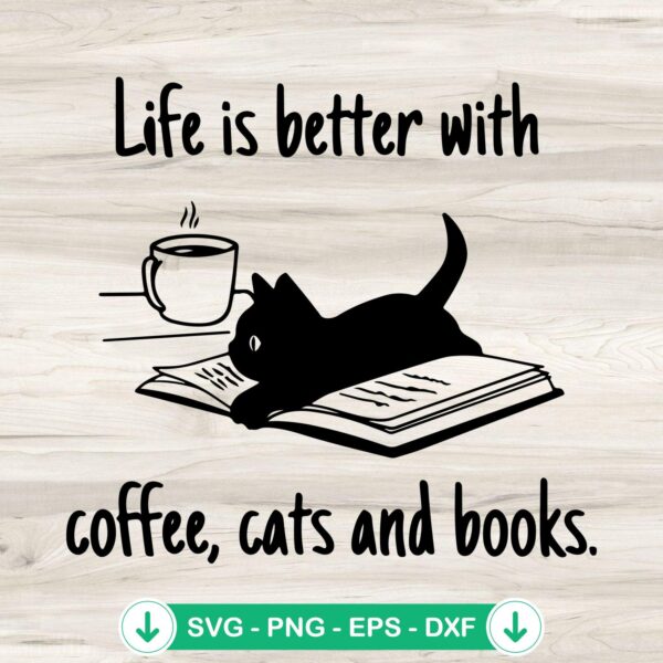 Black Cat Book Coffee SVG file for Cricut cutting machine