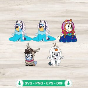 Bluey Frozen SVG Bundle, Cricut SVG cut files of Elsa, Anna, and Olaf