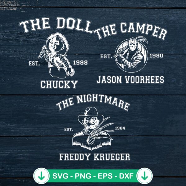 Horror Movie Characters SVG file bundle including Jason, Freddy and Chucky cutting files