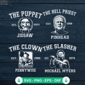 Horror movie killers SVG files including Billy the Puppet and Pennywise