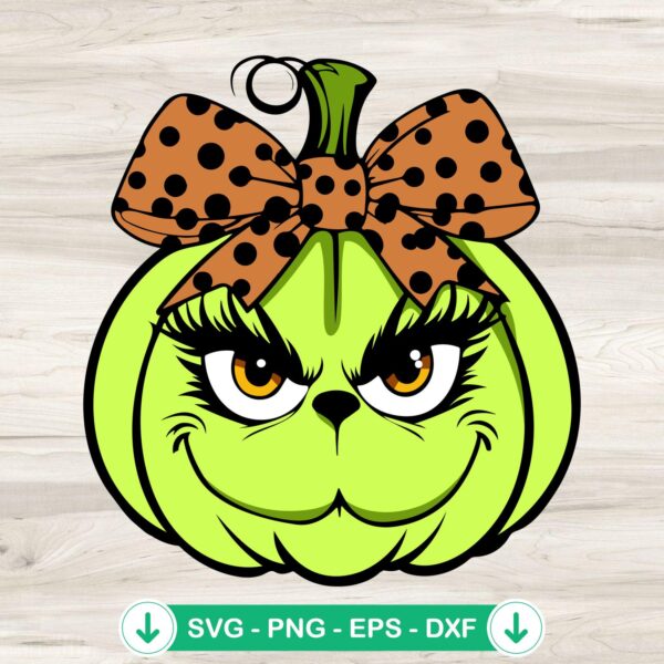 Coquette Green Pumpkin SVG file for Grinch face pumpkin design