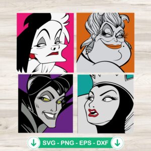 Disney-Villains-SVG-File.jpg Disney Villains SVG file including Evil Queen, Maleficent, Ursula, and Cruella De Vil
