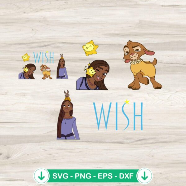 Disney Wish SVG bundle featuring Asha, Star, and Valentino characters