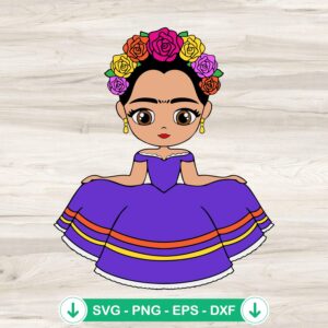 Frida Kahlo Princess SVG file for Cricut, cute chibi SVG cutting file