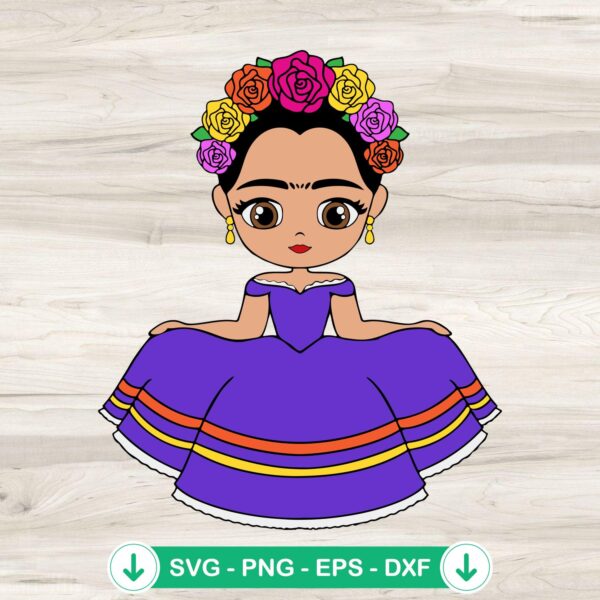 Frida Kahlo Princess SVG file for Cricut, cute chibi SVG cutting file