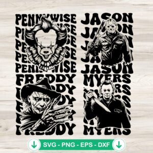 Halloween Horror Characters SVG file, Cricut SVG cutting file featuring Freddy, Pennywise, Jason, Myers