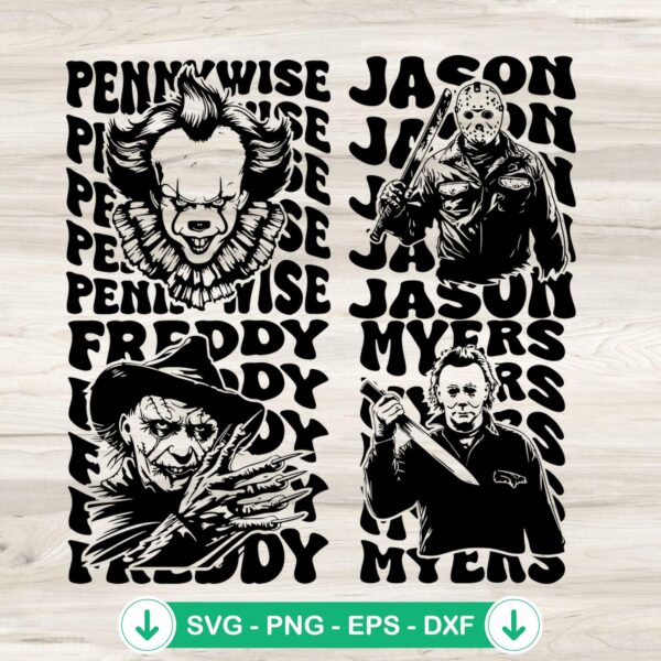 Halloween Horror Characters SVG file, Cricut SVG cutting file featuring Freddy, Pennywise, Jason, Myers