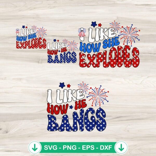 Funny 4th of July SVG file for DIY projects - I Like How She Explodes & He Bangs