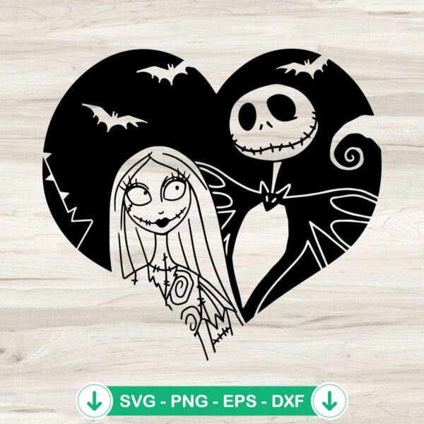 Jack Skellington and Sally heart SVG file for cricut cutting