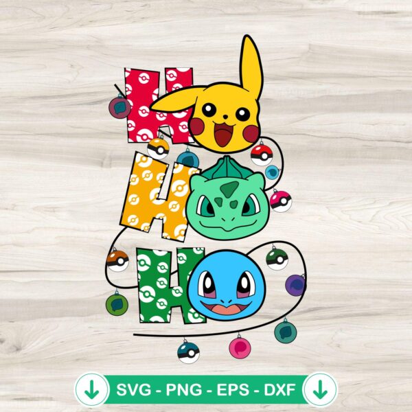 Christmas Pokemon SVG file featuring Pikachu, Bulbasaur, Squirtle