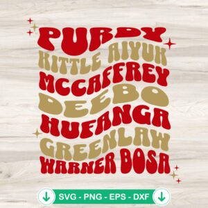 San Francisco 49ers players SVG file including Brock Purdy, Kittle, Aiyuk, McCaffrey, and Deebo Samuel cutting file