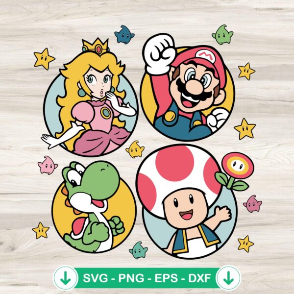 Super Mario Friends SVG file including Princess Peach, Toad, and Yoshi cricut svg cutting file