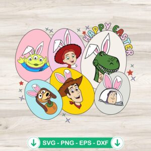 Toy Story Happy Easter Day SVG file featuring bunny characters and cartoon eggs