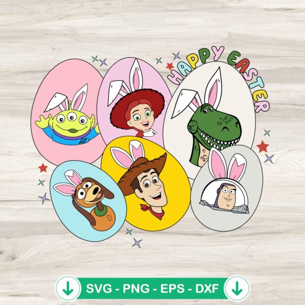 Toy Story Happy Easter Day SVG file featuring bunny characters and cartoon eggs