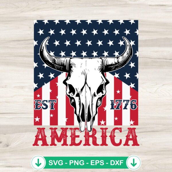 America Est 1776 bull skull SVG file for Cricut cutting