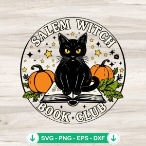 Salem Witch Book Club SVG file for Cricut, black cat theme cutting file