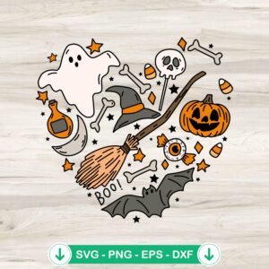 Boo Halloween Doodles SVG file featuring ghost, pumpkin, and witch. Cricut cut file.