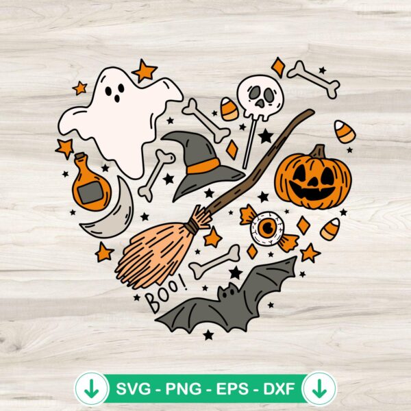 Boo Halloween Doodles SVG file featuring ghost, pumpkin, and witch. Cricut cut file.