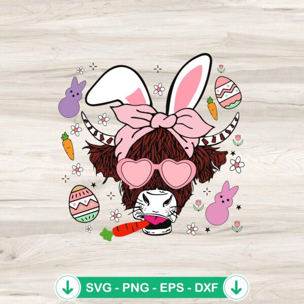 Highland Cow Bunny Happy Easter Day svg file for cutting machines