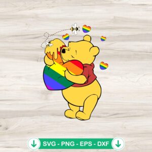 Winnie The Pooh Hug Rainbow LGBT Heart SVG file for cutting