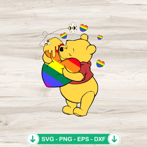 Winnie The Pooh Hug Rainbow LGBT Heart SVG file for cutting