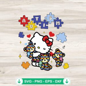 Hello Kitty autism svg file holding a teddy bear