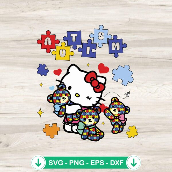 Hello Kitty autism svg file holding a teddy bear