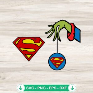 Grinch Hand Holding Superman SVG file, Christmas ornament cut file