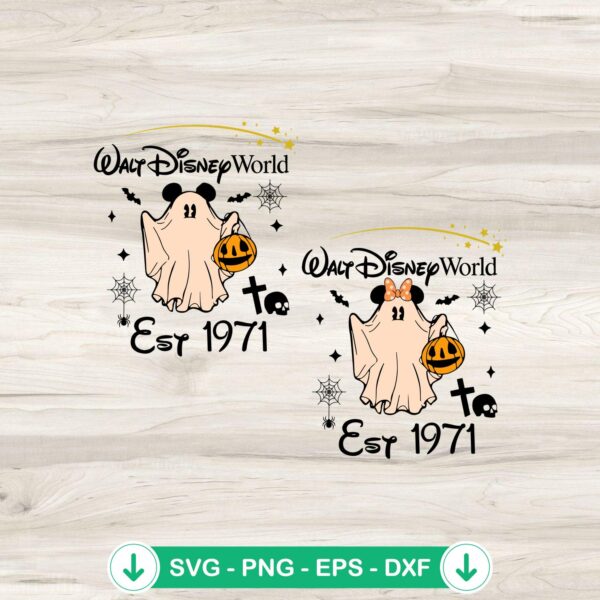 Walt Disney Halloween SVG file featuring Mickey and Minnie ghosts
