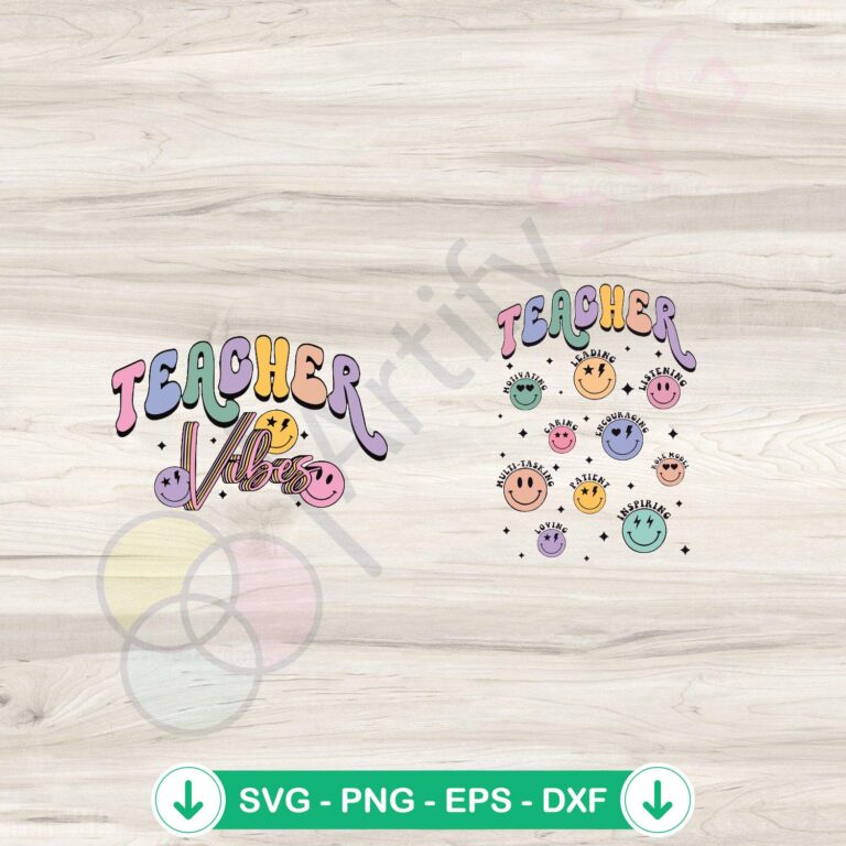 Retro Teacher Vibes SVG Cutting File with Groovy Smiley Face 2 Retro Teacher Vibes SVG file with groovy smiley face for cricut