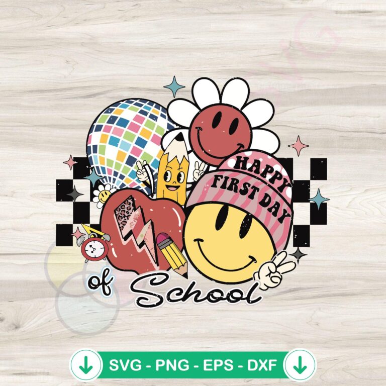 Happy First Day of School Groovy Hippie Face SVG for Cricut - Back to School BUJO Design 2 Happy First Day of School SVG file, groovy hippie face cutting file