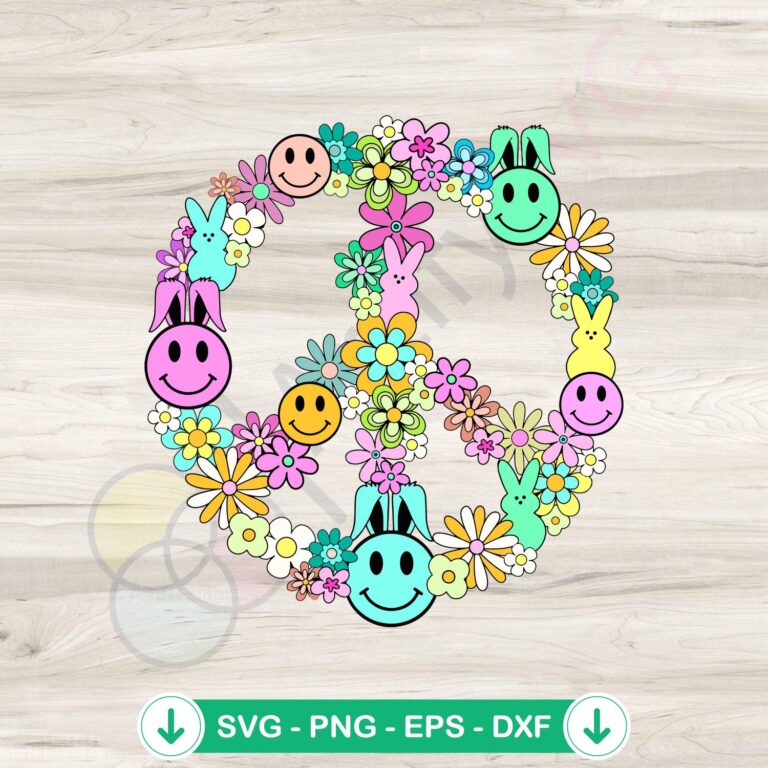 Retro Easter Floral Peace Smiley Face Bunny Ear svg file for cricut cutting